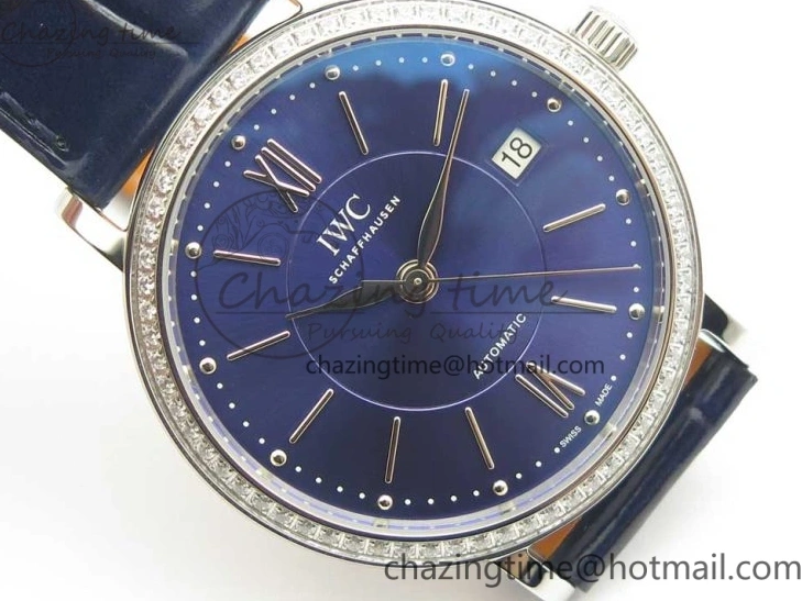 MIROTIME 0210 Fashionable Portofino IW458101 Diamond Bezel SS MK 1:1 Best Edition Blue Dial On Blue Leather Strap MIYOTA 7169